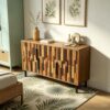 OGLOMU 47" Linear Geometric Timber Freestanding Storage Chest, Accent Cabinets with Metallic Base Supports, Utility Organizer with Wall Safety Straps for Dining Entry Zones, Natural Ash