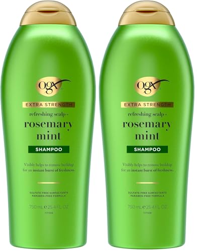 OGX Extra Strength Refreshing Scalp + Rosemary Mint Shampoo,Clarifying Shampoo for Oily Hair Helps Remove Oil & Residue to Clear Away Buildup,Sulfate-Free Surfactants,25.4 fl. oz,(Pack of 2)