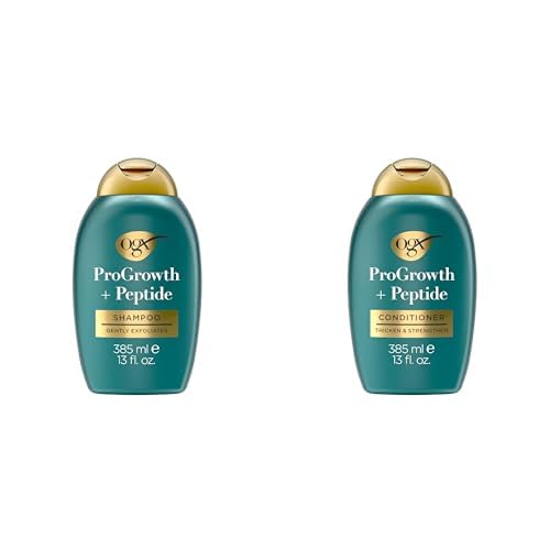 OGX ProGrowth + Peptide Clarifying Shampoo, Gentle Exfoliating Scalp Shampoo 13oz ProGrowth + Peptide Conditioner, Thickening Conditioner Moisturizes and Strengthens Hair 13oz