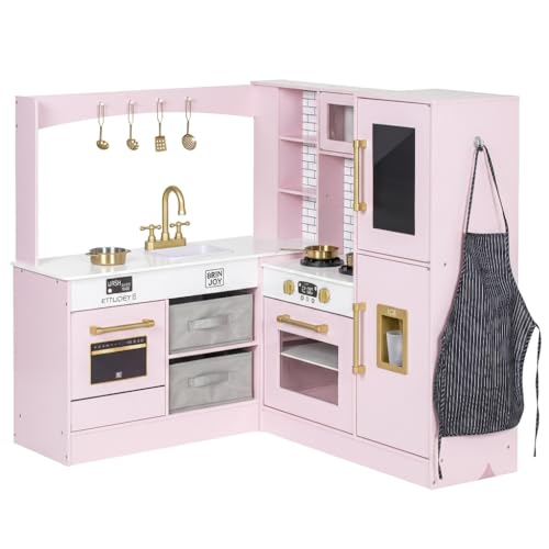 OHKIDS Corner Kitchen Playset, Wooden Kitchen with Lights & Sounds, Large Pretend Play Kitchen w/Stove, Cooking Toys, Microwave, Oven, Ice Maker, Sink, Faucet, Gift for Boys Girls Age 3+ (Pink)
