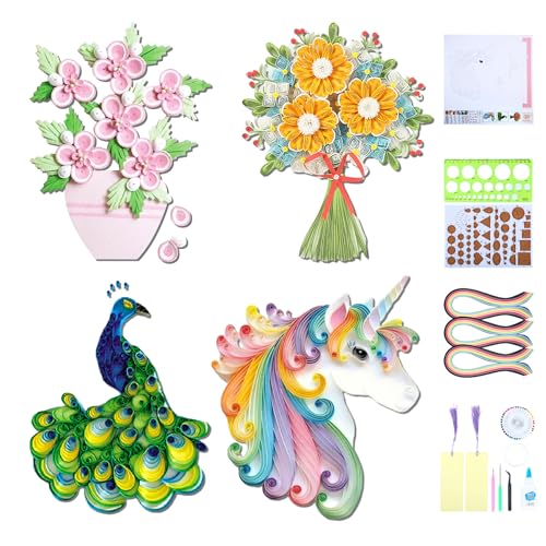 Ohmique Paper Quilling Kit - Paper Quilling Kit for Beginner Adults,DIY Set with Quilling Paper Strips 5mm, Filigree Paper Tools, 4 Patterns Flowers,Peacock,Unicon DIY Craft