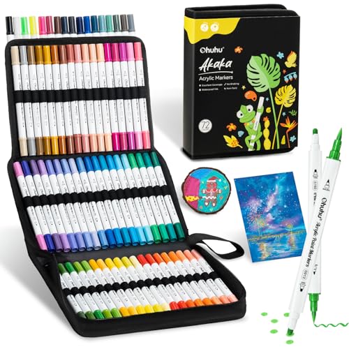 Ohuhu Acrylic Paint Markers Dual Tips: 72 Colors Brush & Dot Paint Pens High Opacity Acrylic Markers Waterproof Lightfast for Rock Painting 3D Prints Egg Wood Glass Ceramic DIY Crafts - Akaka