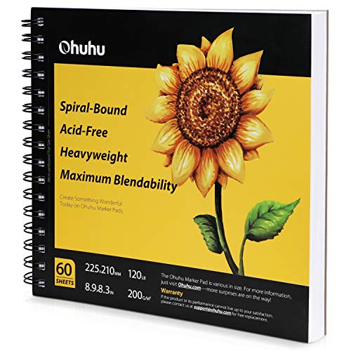 Ohuhu Marker Pads Art Sketchbook - 8.3" x 8.3" Portable Square Size -120 LB/200 GSM Drawing Papers - 60 Sheets/120 Pages - Spiral Bound Sketch Drawing Book for Alcohol Markers Christmas Gift