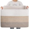 OIAHOMY 108L Super Large Blanket Basket, 25”x16”x16”(108L) Rectangle Woven Baskets for Storage, Cotton Rope Basket For Living Room, Toy Storage with Handle- Gradient Brown