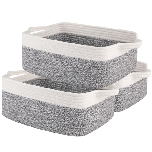 OIAHOMY 3 Pack Storage Baskets for Organizing, Woven Cotton Rope Basket for Shelves, Closet Organizer Bins with Handles, Rectangle Toy Organization, 13.78''×9.84''×5.5'', Grey & White
