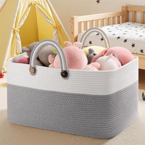 OIAHOMY 75L Large Blanket Basket, 22”x17”x12” Rectangle Woven Baskets For Storage, Nursery Blanket Storage Living Room, Toy Box With Long Handle-Gradient Grey With White