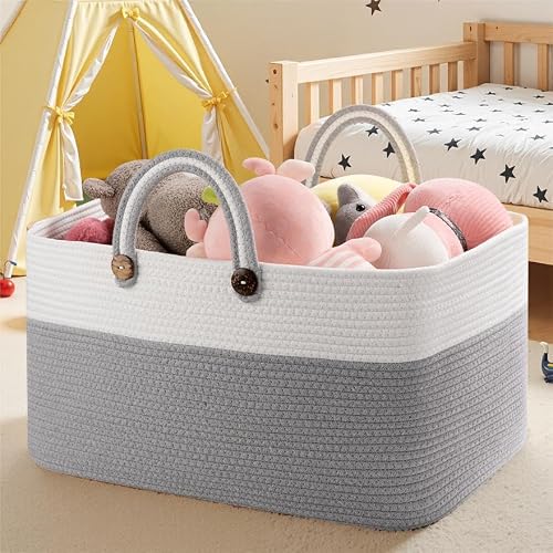 OIAHOMY 75L Large Blanket Basket, 22”x17”x12” Rectangle Woven Baskets For Storage, Nursery Blanket Storage Living Room, Toy Box With Long Handle-Gradient Grey With White