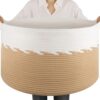 OIAHOMY 90L Extra Large Blanket Basket - Decorative Cotton Rope Storage Basket for Bedroom, Living Room & Nursery - Woven Laundry Hamper for Organizing Blankets, Clothes & Toys - Yellow & White