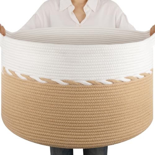 OIAHOMY 90L Extra Large Blanket Basket - Decorative Cotton Rope Storage Basket for Bedroom, Living Room & Nursery - Woven Laundry Hamper for Organizing Blankets, Clothes & Toys - Yellow & White