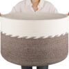 OIAHOMY 90L Extra Large Blanket Basket - Decorative Cotton Rope Storage Basket for Bedroom, Living Room & Nursery - Woven Laundry Hamper for Organizing Blankets, Clothes & Toys - Brown & White
