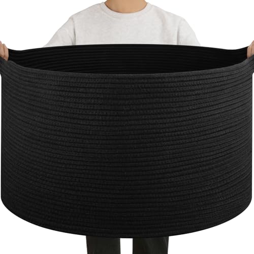 OIAHOMY 90L Extra Large Blanket Basket - Decorative Cotton Rope Storage Basket for Bedroom, Living Room & Nursery - Woven Laundry Hamper for Organizing Blankets, Clothes & Toys - Black