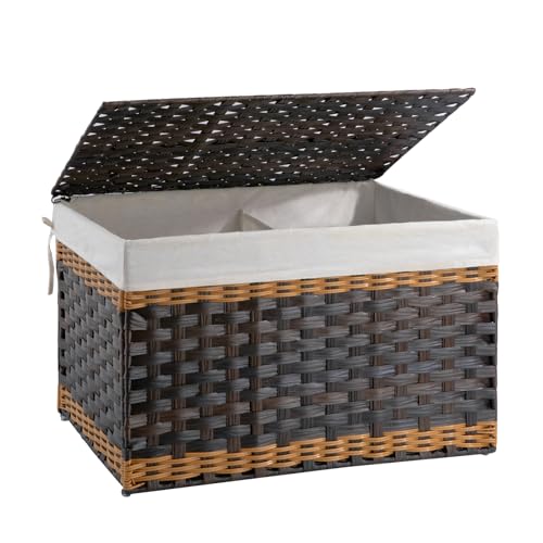 OIAHOMY Storage Basket with Lid, 27.7 Gallon (105L) Blanket Basket with Removable Liner Bag, Synthetic Wicker Hamper with Handle, Foldable, Hamper for Living Room, Brown