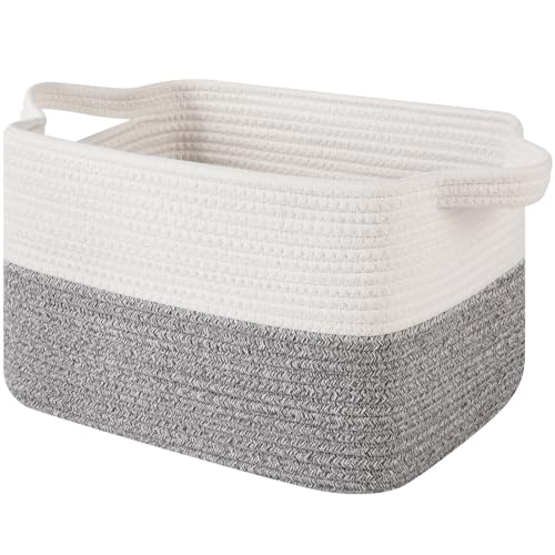 OIAHOMY Woven Storage Basket for Shelves, Rectangle Cotton Rope Baskets for Organizing, 13 x 10 x 9 in, Storage Bins for Dog Toys,Towel,Books,Gift,Grey and White