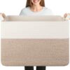 OIASKET 108L Cotton Rope Storage Basket for Living Room and Bedroom 25"x16"x16" Woven Laundry Basket, Heavy Duty Bin for Blankets, Pillows & Toys, Pet-Safe & Scratch-Free, Brown and White