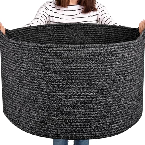 OIASKET Large Woven Baskets for Storage, 22.8" x 22.8" x 13" Blanket Storage Living Room, Baby Toy Basket for Clothes, Pillows, Towels, Shoe Basket for Entryway (Black)