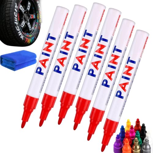 Oil-Based Tire Lettering & DIY Detail Pen Waterproof,Quick-Dry | Permanent,Oil-Based Multi Surface Marker Pen,Premium Non-Fading Tire Marker,for Tires, Wood, Rock, Fabric, Metal, Plastic,6Pcs-Red