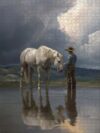 Oil Painting Cowboy with White Horse Reflection in River Dramatic Sky Wooden Jigsaw Puzzle 1000 Pieces for Adults Perfect Brain Teaser Gift Horse Lovers