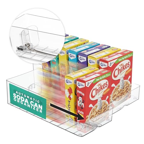 Oizeir Automatic Food Storage Organizer - Clear Pantry Organizer With Automatic Dispenser For Refrigerator - Drink & Food Holder For Fridge - Organizing Rack Kitchen & Pantry (Large) (1-Pack)