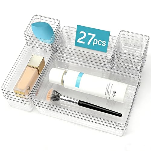 OjpZorynic 27 PCS Clear Drawer Organizer Set, 4 Sizes Desk Drawer Storage Bins, Divider Trays for Makeup, Vanity, Bathroom, Kitchen, Office