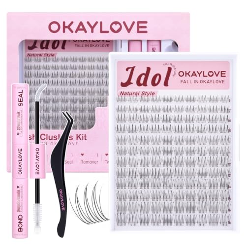 OKAYLOVE Idol Lashes Clusters Kit Clear Band Eyelash Clusters Kit CC Curl 9-16mm Natural Cluster Eyelash Extensions DIY Wispy Individual Lashes with Bond and Seal, Tweezers for Korean Makeup