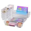 Okylvve 15 PCS Clear Plastic Drawer Organizer Set - 4 Sizes Makeup Organizer Desk Drawer Divider Bathroom Organizers and Storage Bins for Makeup, Jewelry, Gadgets, Office, Kitchen, Bedroom, Bathroom