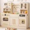 OLAKIDS Kids Kitchen Playset, Wooden Pretend Play Kitchen with Realistic Light Sound 14 Accessories, Toddler Cooking Toy for Boys Girls Aged 3+ (White)