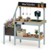 OLAKIDS Mud Kitchen, Kids Outdoor Wooden Playset with Planter Box Sink Faucet Water Tank Chalkboard Cooking Accessories, Toddler Montessori Backyard Pretend Toy Set