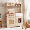 OLAKIDS Play Kitchen, Wooden Kids Cooking Toy with Realistic Lights Sounds, Ice Maker, Microwave, 14 Pretend Play Accessories for Boys Girls Ages 3+