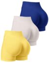OLCHEE Womens Workout Shorts Seamless Scrunch Butt Lifting 3 Pack Yoga Gym Athletic High Waisted Tummy Control Booty 4.1" Inseam - Poster Blue Beige Golden Medium