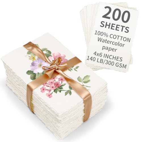 Oleitodh 200 Sheets Cotton Watercolor Paper 4 x 6 Inch, 140lb/300 GSM Handmade Deckled Edge Paper, Textured Watercolor Cardstock for Painting, Wedding Invitations, Greeting Cards & Crafts