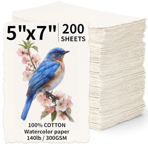 Oleitodh 200 Sheets Cotton Watercolor Paper 5 x 7 Inch, 140lb/300 GSM Handmade Paper with Deckled Edge, Textured Watercolor Sheets for Artists, Painting, Wedding Invitations, Cards & Crafts
