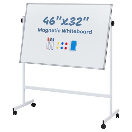 OLIXIS Magnetic Whiteboard with Wheels 46" x 32", Dry Erase Board with Adjustable Rolling Stand, Heavy-Duty Aluminum Frame & Accessory Tray for Office, Classroom, Home & Presentations, White