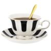 OMISTAR 3-Piece Vintage Coffee Cup Set, Black & White Striped Ceramic Drinkware with Gold Trim, European Style Coffee Cup & Saucer with Spoon, Ideal for Home Office Afternoon Tea, Elegant Gift Choice