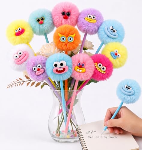 OMyFav 12PCS Pom Pom Pens — Fluffy Fuzzy Plush Pens Cute Kawaii Novelty Fun Pen for Kids Adults Novelty School Stationery Set Classroom Prizes Party Favors for Girls and Boys Office Supplies Gifts