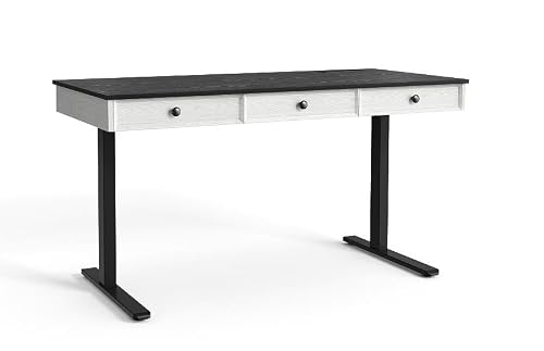 ONBRILL 55 x 24 Inch Standing Desk with 3 Drawers, Electric Height Adjustable Desk with Storage & Outlets for Computer Workstation, Home Office Desk, Retro Corner Table & Drawers, Walnut&White