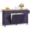 ONBRILL 69" Kitchen Islands with Dual Trash Cabinets, Rolling Island Cart with Large Storage, Dining Table with Solid Wood Drop Leaf, Bar Table with Power Outlet & Spice & Towel Rack, Blue