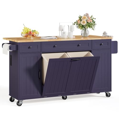 ONBRILL 69" Kitchen Islands with Dual Trash Cabinets, Rolling Island Cart with Large Storage, Dining Table with Solid Wood Drop Leaf, Bar Table with Power Outlet & Spice & Towel Rack, Blue