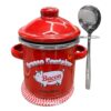 ONEARF Bacon Grease Container with Strainer, 24 OZ Farmhouse Bacon Grease Saver, Enamel Grease Keeper with Lid, Stainless Steel Filter & Spoon, Dishwasher Safe Oil Storage Can with Coaster (Red)