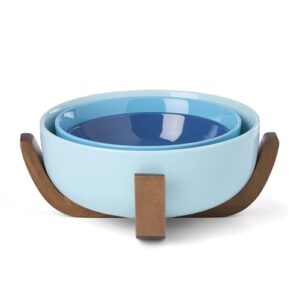 Oneida Serveware, 24 Seven Colors 3-Piece Nesting Bowl Set With Wood Stand, Porcelain Material Wooden Stand, Dishwasher And Microwave Safe, Serving Bowls, Salad Bowl, Pasta Bowls (Turquoise, 4 Pieces)