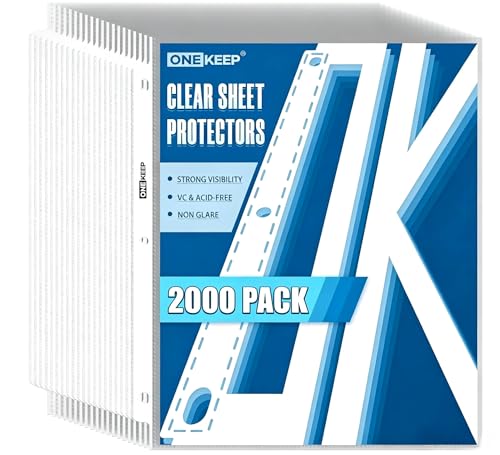 ONEKEEP 2000 Pack Clear Sheet Protectors, Top Loading 3-Hole Punched Pages for 3-Ring Binders, Fits 8.5" x 11" Letter Paper, Heavy Duty Archival for Documents, Office Organization Supplies