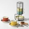 ONEMORE 2.5 Oz Espresso Cups Set of 4, Stackable Porcelain Coffee Cups with Saucers and Metal Stand, Demitasse Mugs for Espresso, Cappuccino, Latte, Microwave & Dishwasher Safe