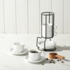 ONEMORE 2.5 Oz Espresso Cups Set of 4, Stackable Porcelain Coffee Cups with Saucers and Metal Stand, White Demitasse Mugs for Espresso, Cappuccino, Latte, Microwave & Dishwasher Safe