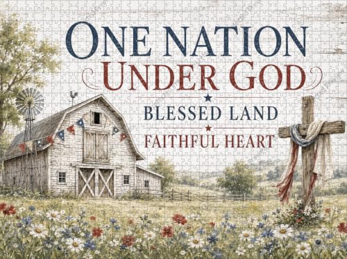 One Nation Under God Rustic Barn and Cross Wooden Jigsaw Puzzle 500 Pieces for Adults Windmill Wildflowers and Patriotic Bunting Patriotic Farmhouse Puzzle Gift for Patriotic Decor Lovers
