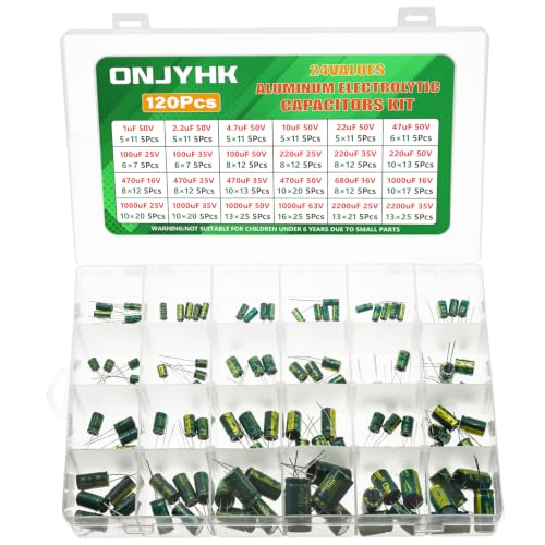 ONJYHK 24Values Aluminum Electrolytic Capacitor Assortment Kit 1uF 2.2uF 4.7uF 10uF 22uF 47uF 100uF 220uF 470uF 680uF 1000uF 2200uF 16V 25V 35V 50V 63V Electrolytic Capacitors Set