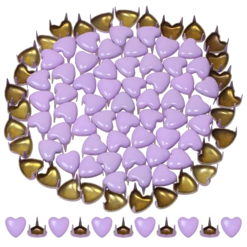 ONLYKXY 100pcs Mini Heart Shape Claw Rivet Bottom Stud Spike Fancy Brad for Knitting Sewing Paper Craft,Pastel Color Metal Fasteners Pin Small Prong for Leather Clothing Belt Bag Shoes (Purple)