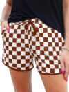 ONLYSTORY Women's Checkered Shorts Elastic High Waisted Gingham Shorts Y2K Funny Summer Beach Short Pants Lounge Streetwear with Pockets Brown White, XL
