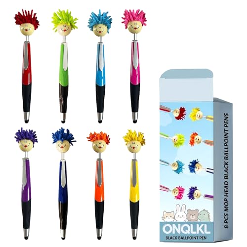 ONQLKL Pens,ballpoint pen,8pcs Mop Head Ballpoint Pens, Funny Mophea Topper Pen with Plush Hair Writing Click Pen Portable Cute Cartoon Multi-function Signing Pens(BLACK ballpoint pen)
