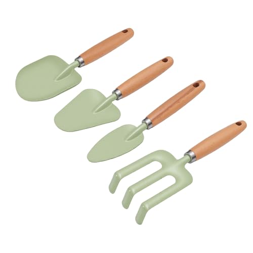 Onythral Other Gardening Tools 4 Pack Hand Rake Shovel Spade 7 Inch Wooden Handle with Hanging Hole for Sandbox Beach Backyard Play, Iron Heads for Toddlers Ages 3-8 Kids Gardening Tools, (Green)
