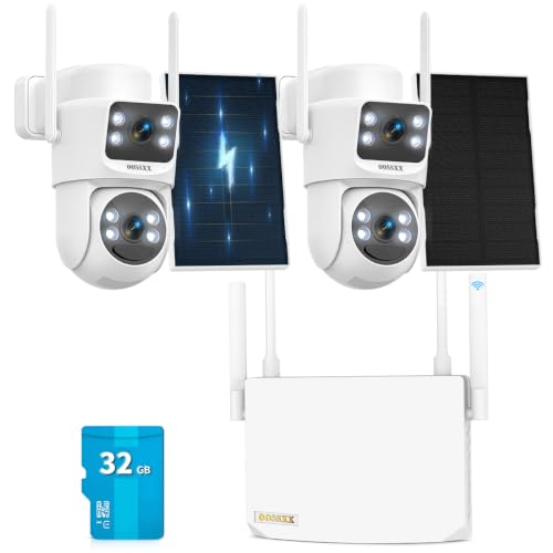 OOSSXX (2026 New) Solar Security Camera System Wireless Outdoor, 2-Cam Dual Lens 2K (Fixed+PTZ), 16CH Expandable NVR, 32GB Storage, Wire-Free Battery, 2.4/5GHz WiFi Long Range +76%, No Monthly Fee