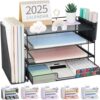 OPNICE Desk Organizer, 4-Tier Desktop File Organizer with Drawer and Pen Holders, Office Desk Accessories, File Sorters, Workspace Organizers for Office Supplies(Black)
